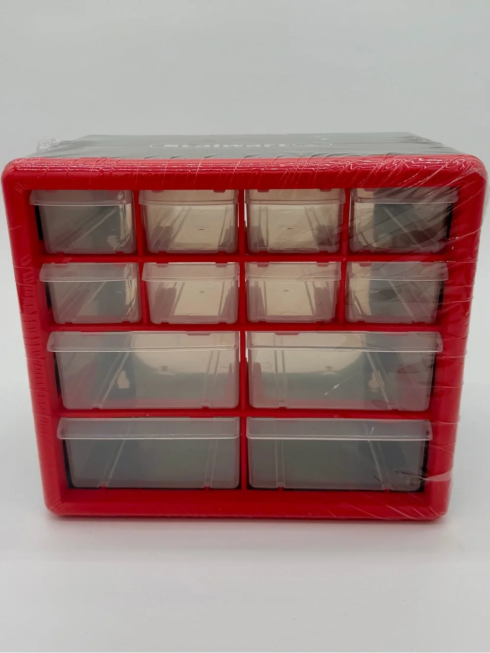 Red Multi-Compartment Plastic Parts Organizer with Clear Drawers